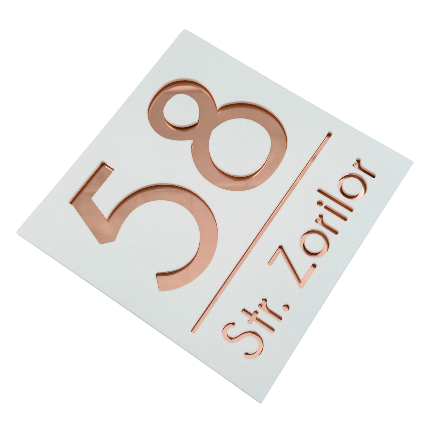 PREMIUM HOUSE NUMBER - White Satin Rose Gold Mirror - 17×17 cm