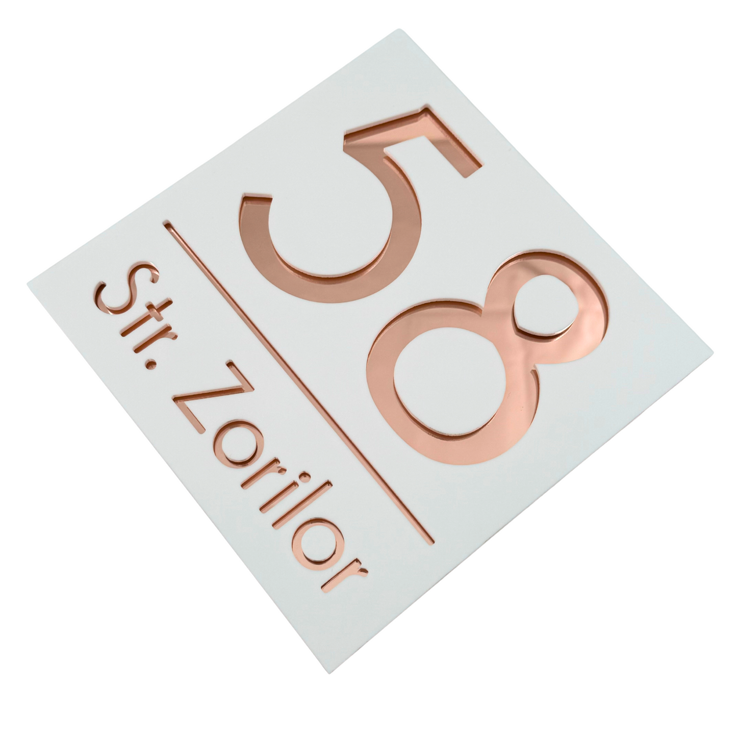 PREMIUM HOUSE NUMBER - White Satin Rose Gold Mirror - 17×17 cm