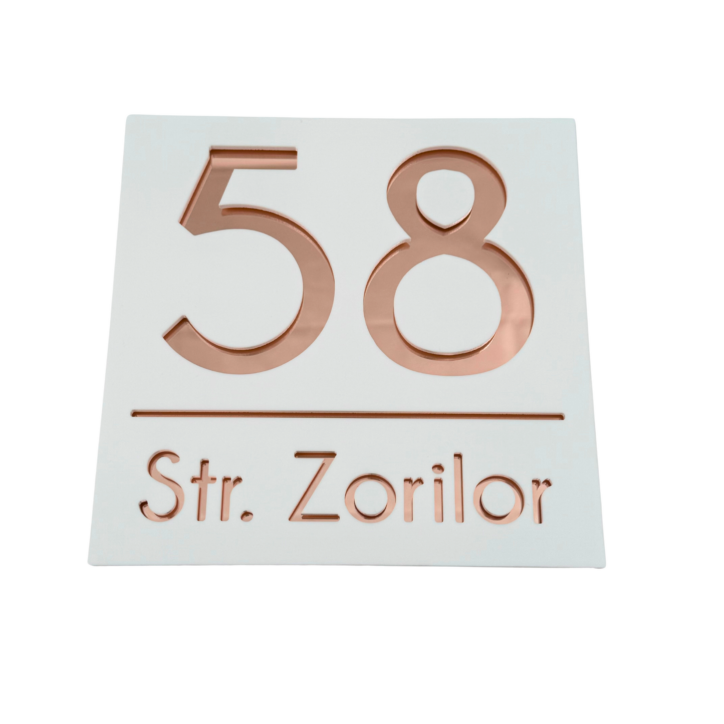 PREMIUM HOUSE NUMBER - White Satin Rose Gold Mirror - 17×17 cm