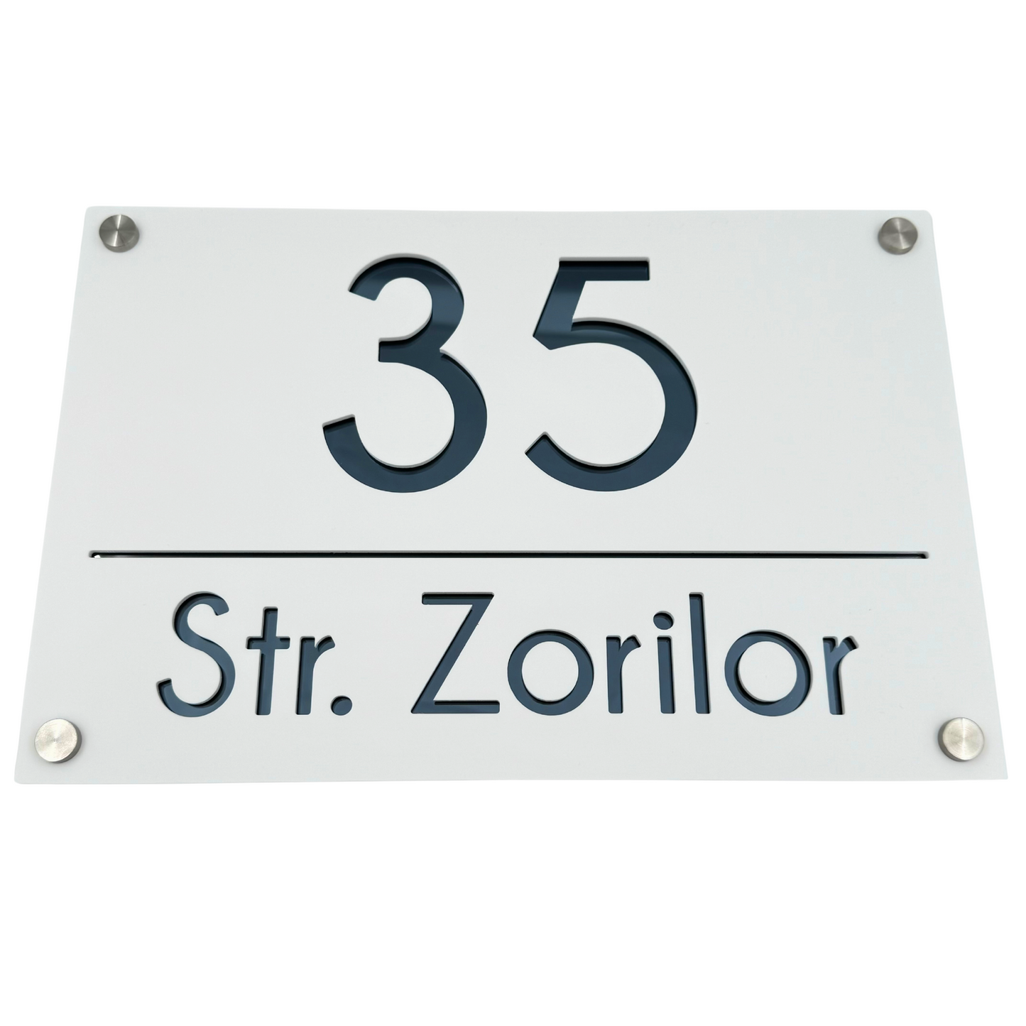 PREMIUM HOUSE NUMBER - White Satin Anthracite Grey Mirror 4 Spacers Silver - 30×20 cm