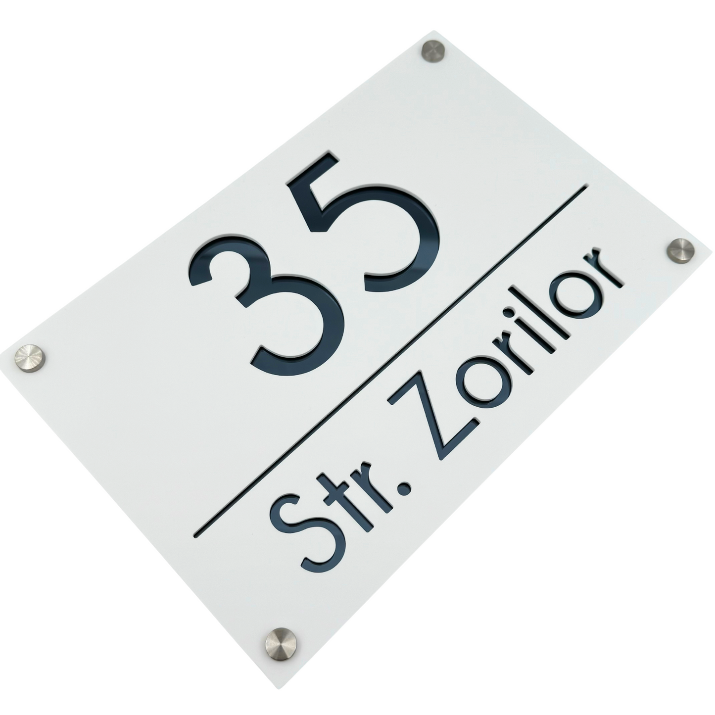 PREMIUM HOUSE NUMBER - White Satin Anthracite Grey Mirror 4 Spacers Silver - 30×20 cm