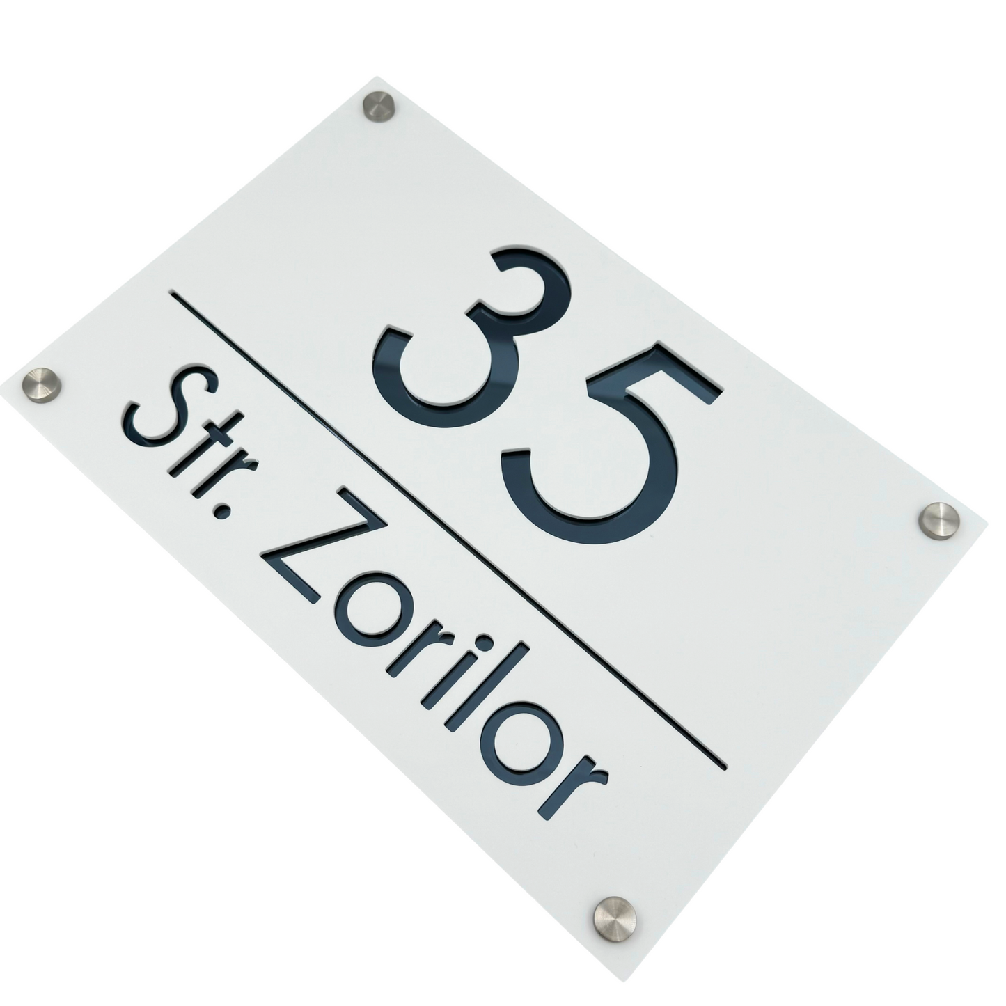PREMIUM HOUSE NUMBER - White Satin Anthracite Grey Mirror 4 Spacers Silver - 30×20 cm
