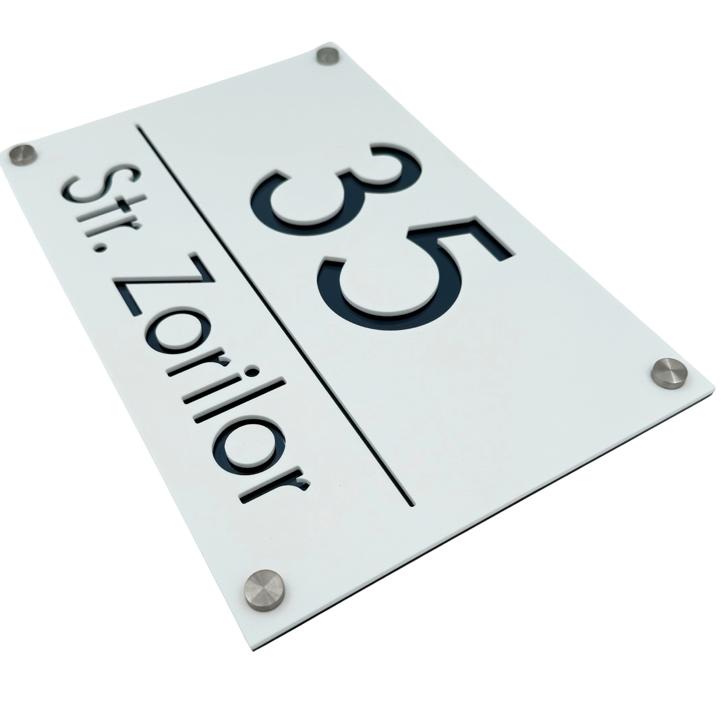 PREMIUM HOUSE NUMBER - White Satin Anthracite Grey Mirror 4 Spacers Silver - 30×20 cm