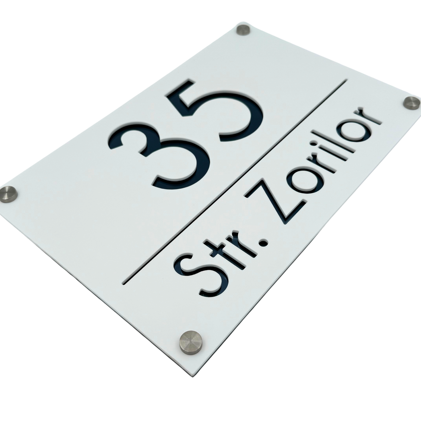 PREMIUM HOUSE NUMBER - White Satin Anthracite Grey Mirror 4 Spacers Silver - 30×20 cm