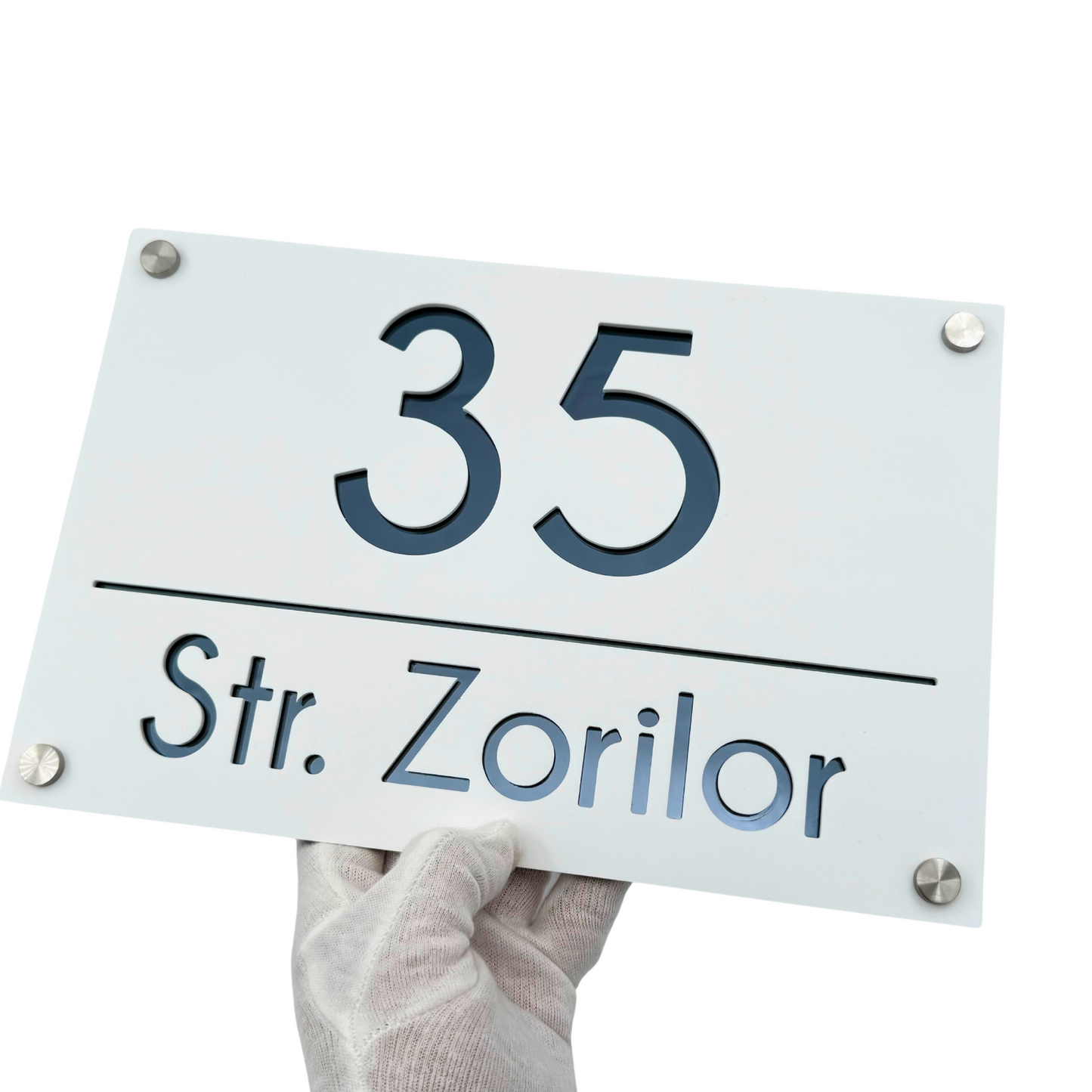 PREMIUM HOUSE NUMBER - White Satin Anthracite Grey Mirror 4 Spacers Silver - 30×20 cm