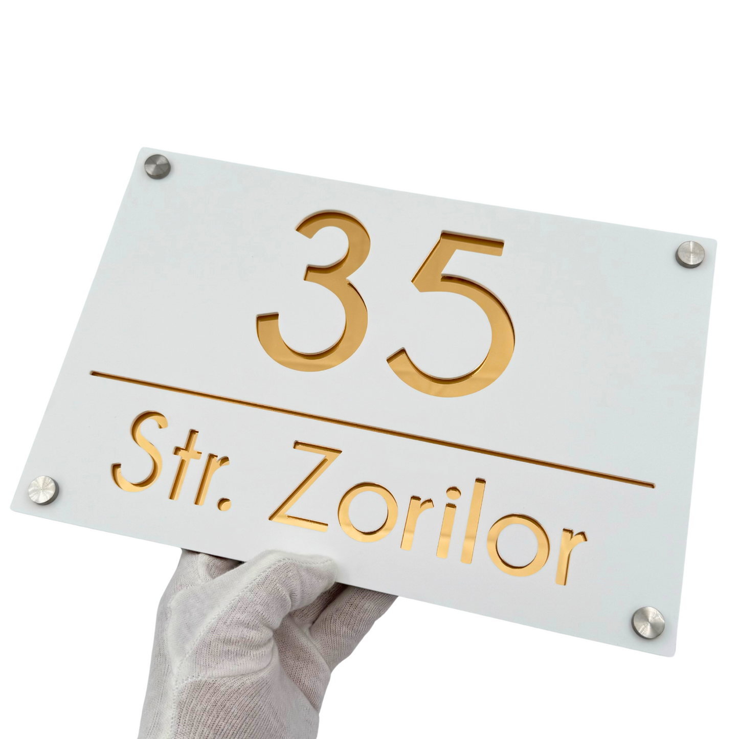 PREMIUM HOUSE NUMBER - White Satin Gold Mirror 4 Spacers Silver - 30×20 cm