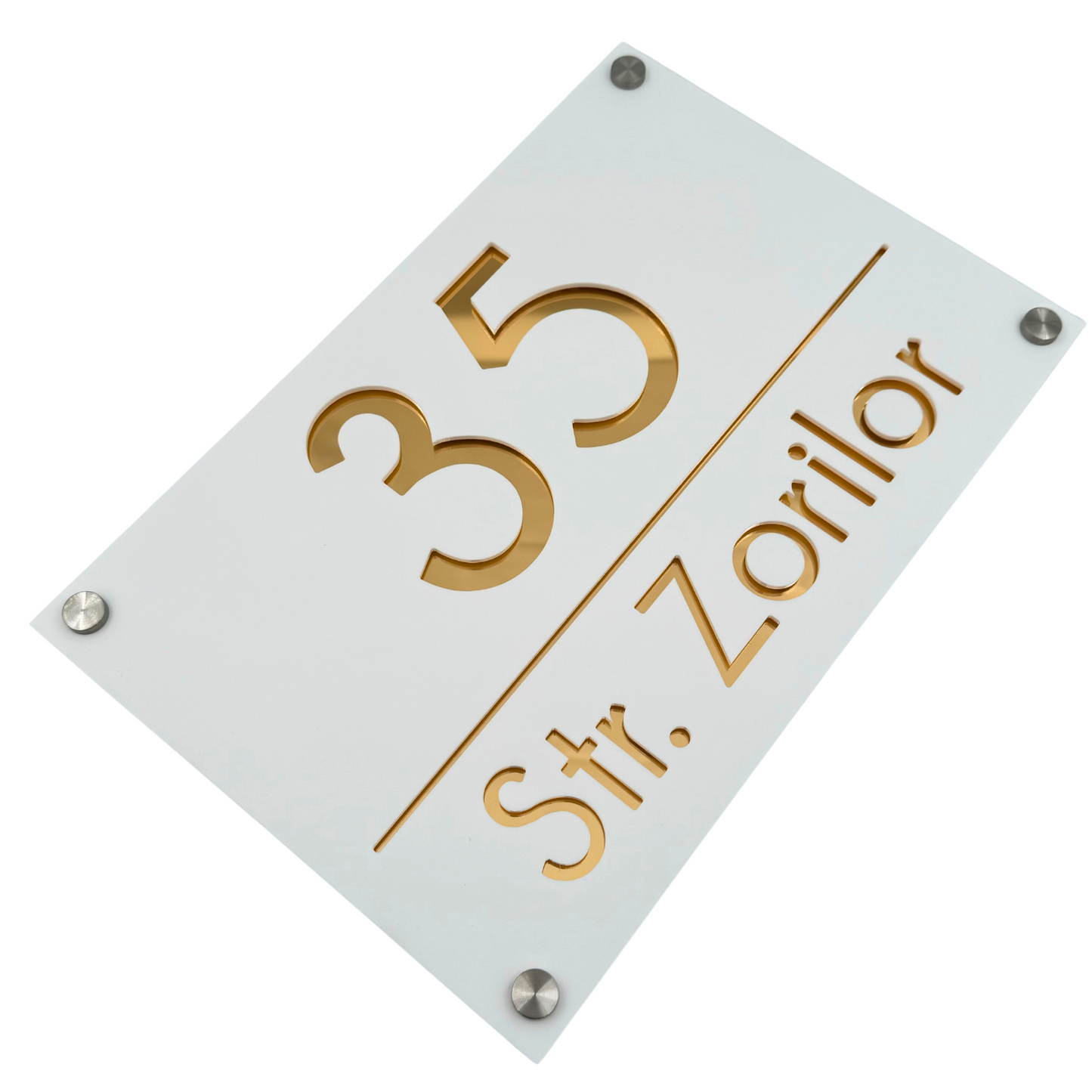PREMIUM HOUSE NUMBER - White Satin Gold Mirror 4 Spacers Silver - 30×20 cm