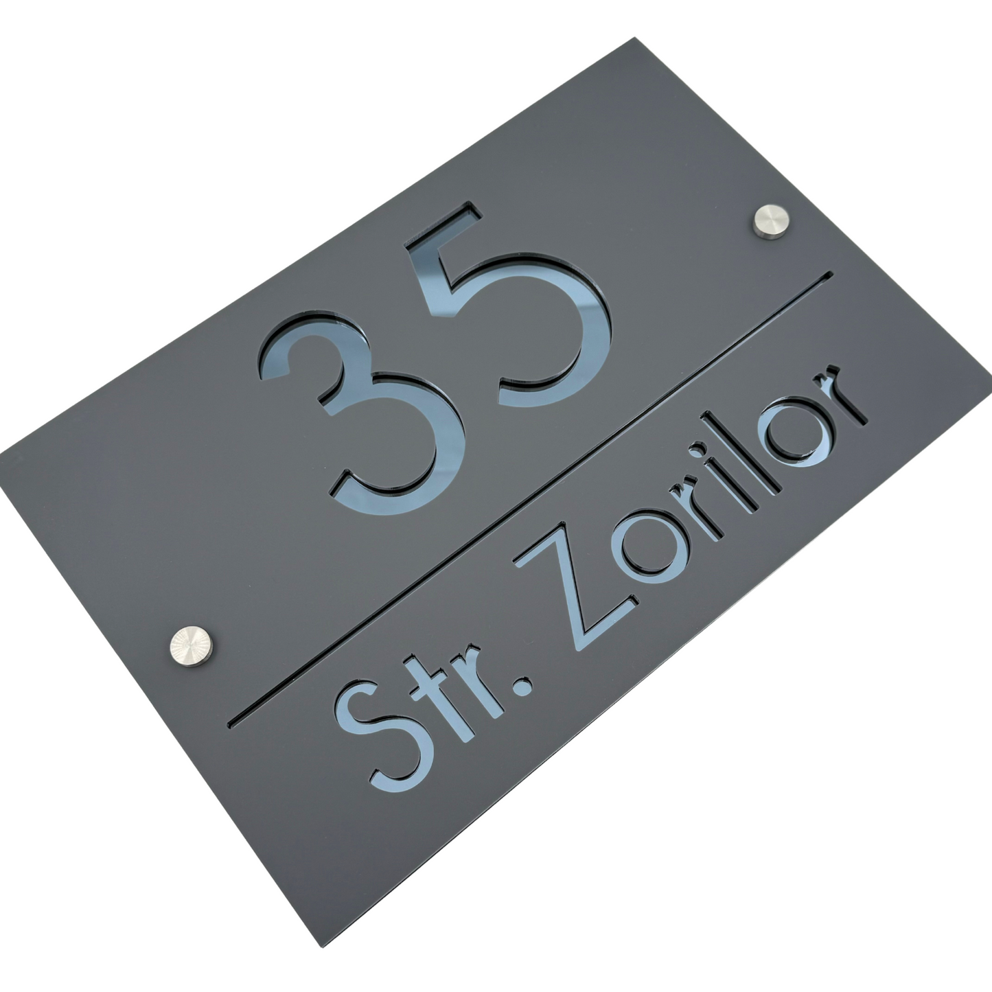 PREMIUM HOUSE NUMBER - Satin Grey Anthracite Grey Mirror 2 Spacers Silver - 30×20 cm