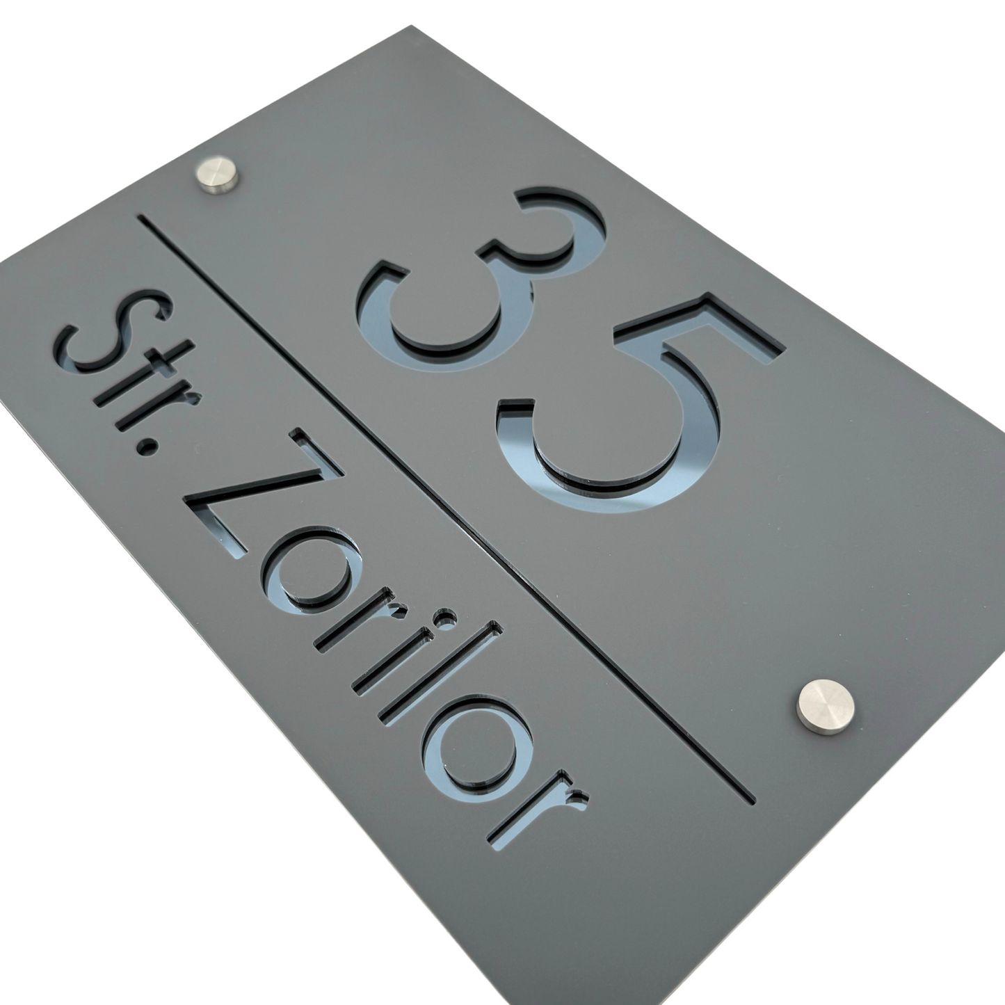 PREMIUM HOUSE NUMBER - Satin Grey Anthracite Grey Mirror 2 Spacers Silver - 30×20 cm