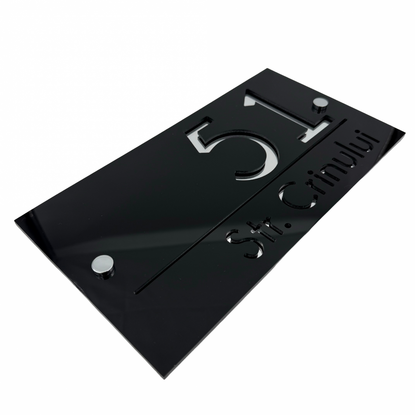 PREMIUM HOUSE NUMBER - Glossy Black Silver Mirror 2 Spacers Silver - 28×15 cm