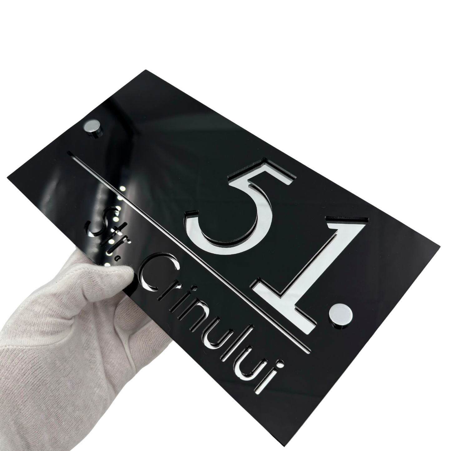PREMIUM HOUSE NUMBER - Glossy Black Silver Mirror 2 Spacers Silver - 28×15 cm
