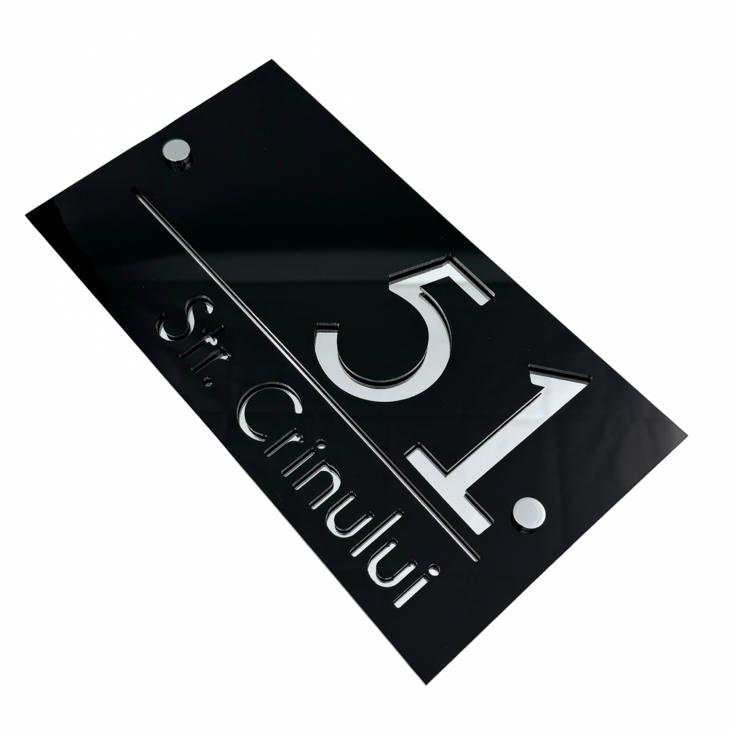 PREMIUM HOUSE NUMBER - Glossy Black Silver Mirror 2 Spacers Silver - 28×15 cm