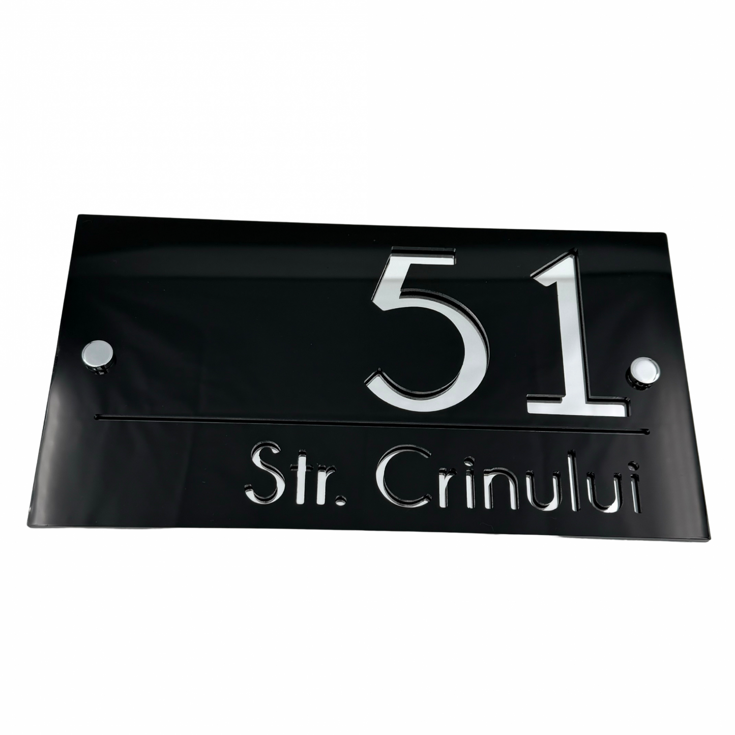 PREMIUM HOUSE NUMBER - Glossy Black Silver Mirror 2 Spacers Silver - 28×15 cm