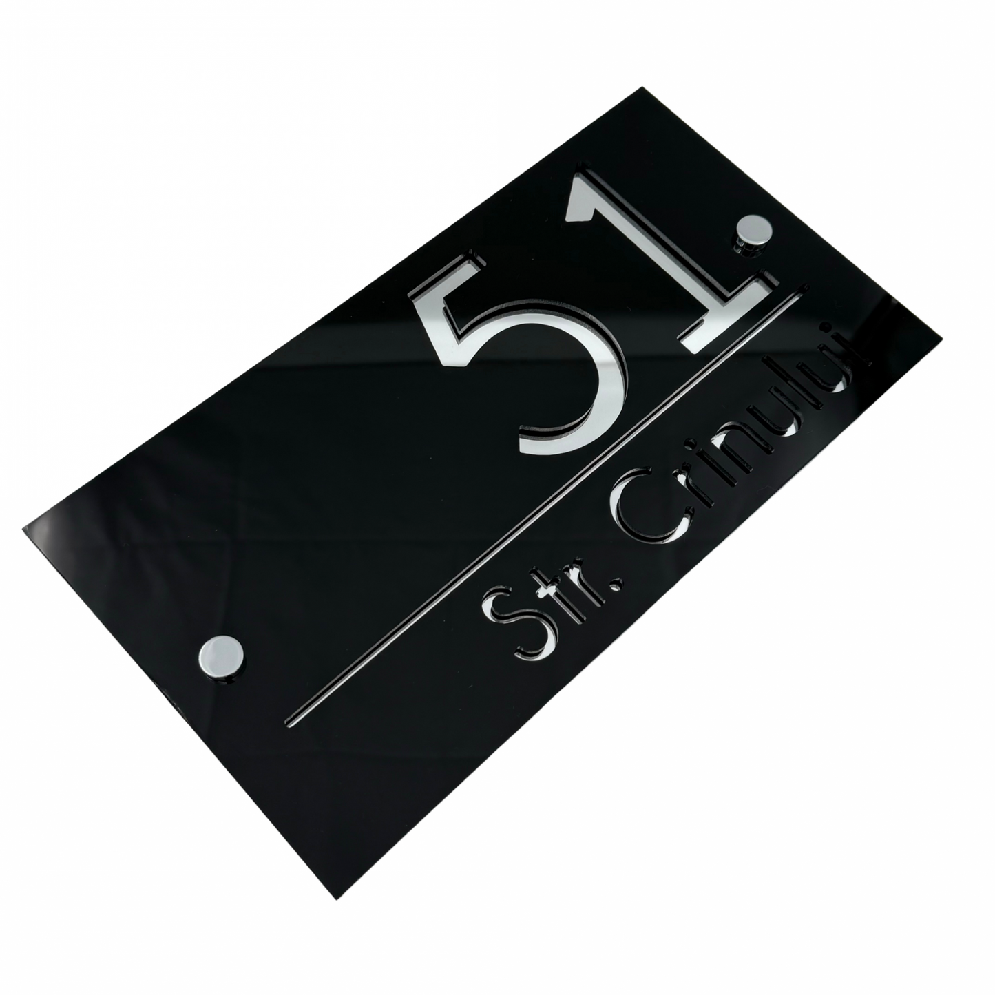 PREMIUM HOUSE NUMBER - Glossy Black Silver Mirror 2 Spacers Silver - 28×15 cm