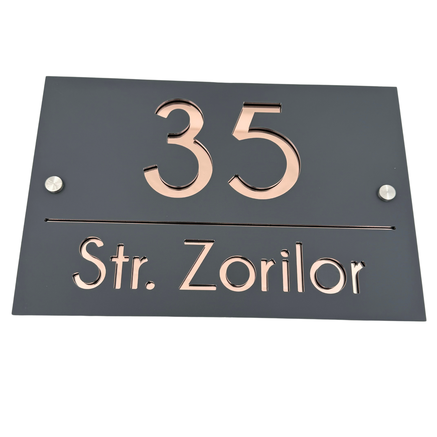 PREMIUM HOUSE NUMBER - Satin Grey Rose Gold Mirror 2 Spacers Silver - 30×20 cm
