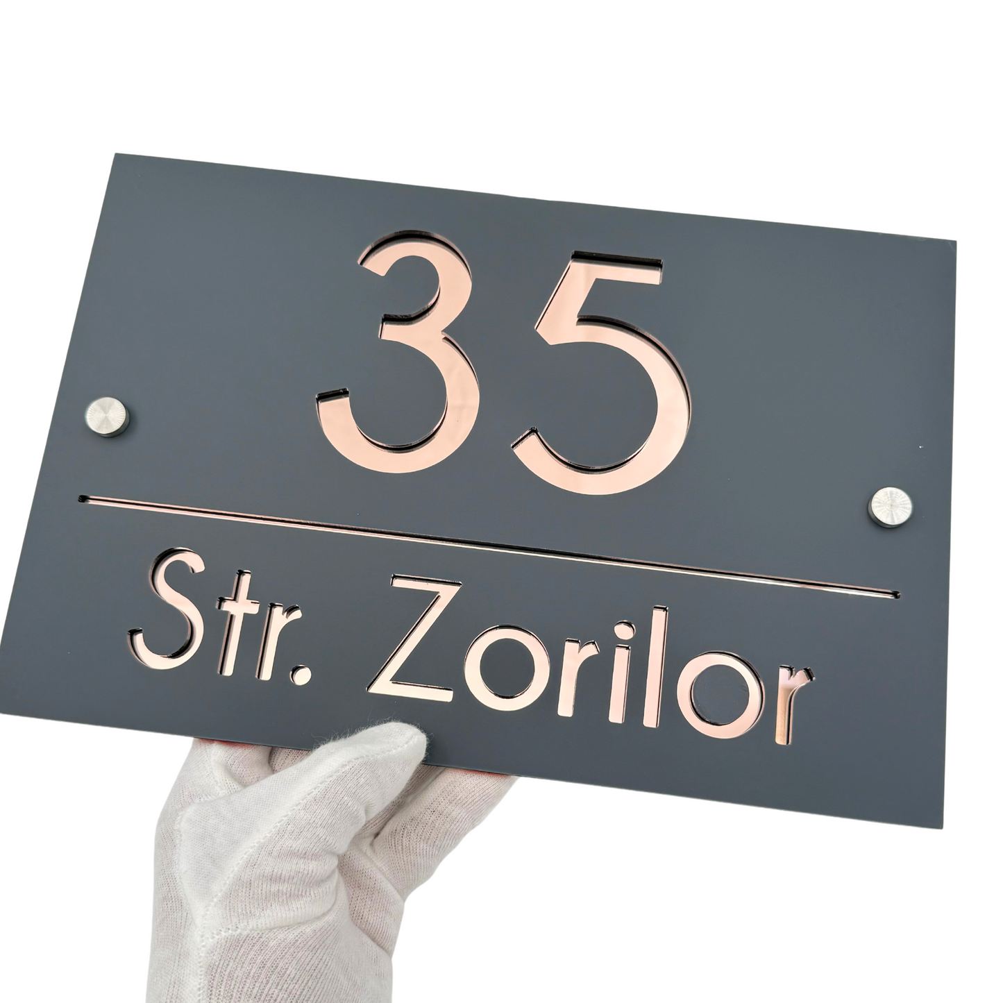 PREMIUM HOUSE NUMBER - Satin Grey Rose Gold Mirror 2 Spacers Silver - 30×20 cm