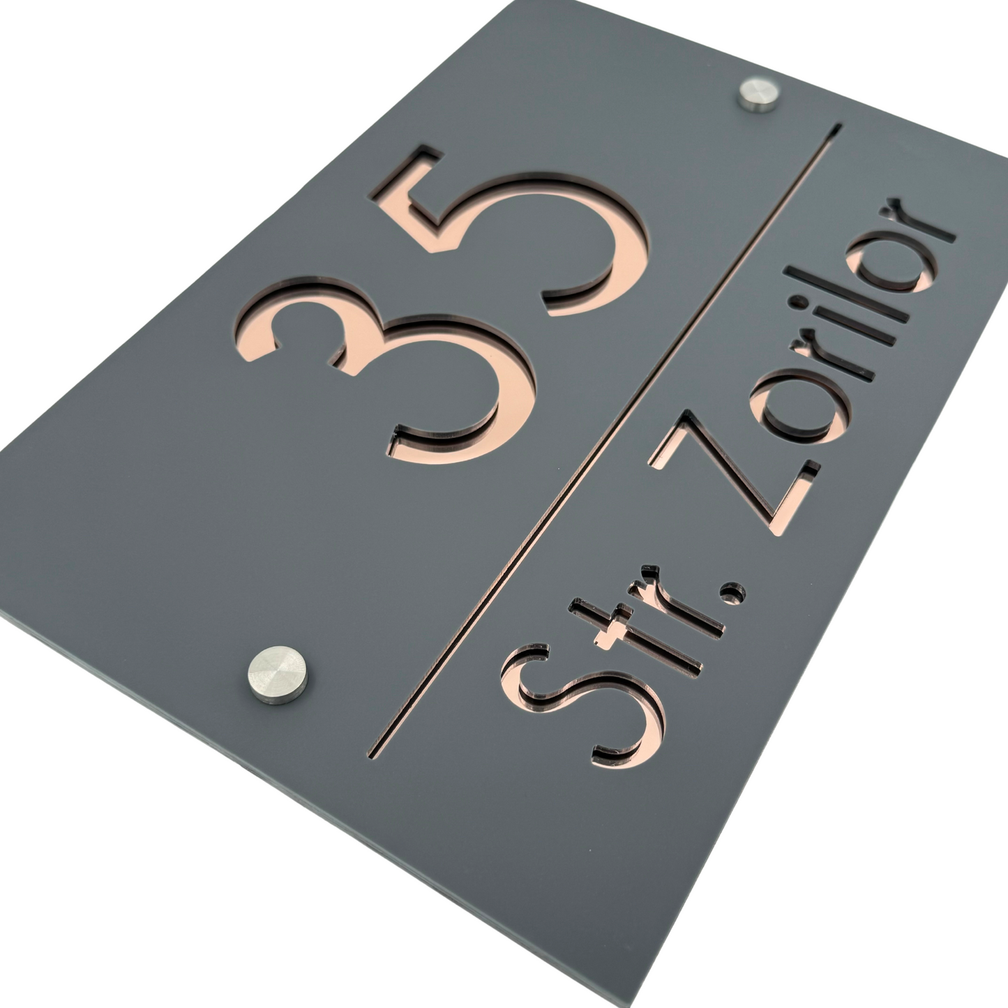 PREMIUM HOUSE NUMBER - Satin Grey Rose Gold Mirror 2 Spacers Silver - 30×20 cm