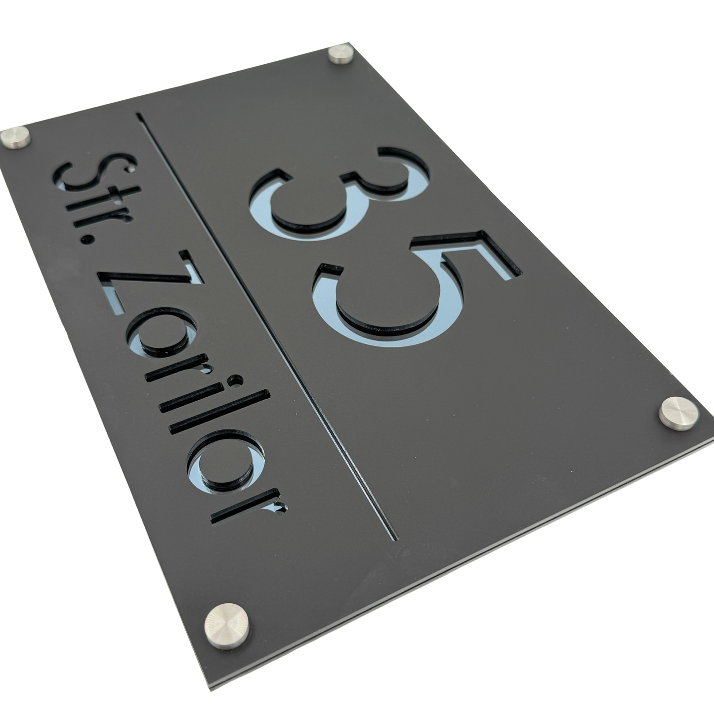 PREMIUM HOUSE NUMBER - Satin Black Anthracite Grey Mirror 4 Spacers Silver - 30×20 cm