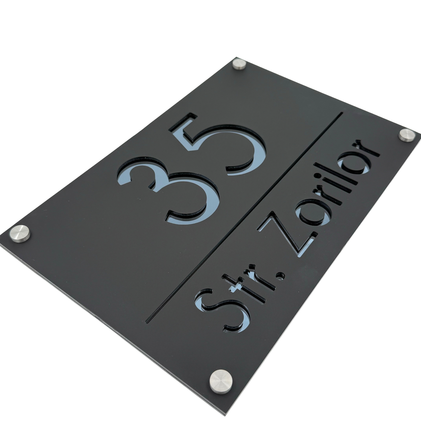 PREMIUM HOUSE NUMBER - Satin Black Anthracite Grey Mirror 4 Spacers Silver - 30×20 cm