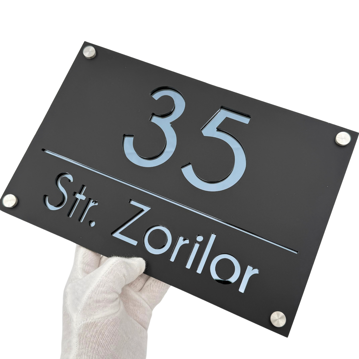 PREMIUM HOUSE NUMBER - Satin Black Anthracite Grey Mirror 4 Spacers Silver - 30×20 cm