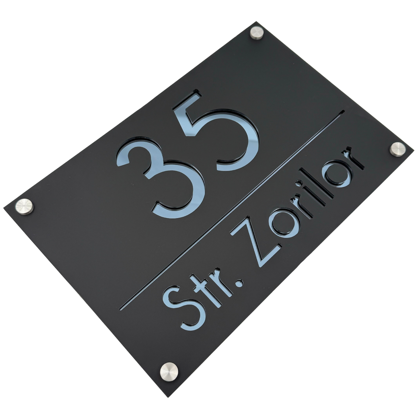PREMIUM HOUSE NUMBER - Satin Black Anthracite Grey Mirror 4 Spacers Silver - 30×20 cm