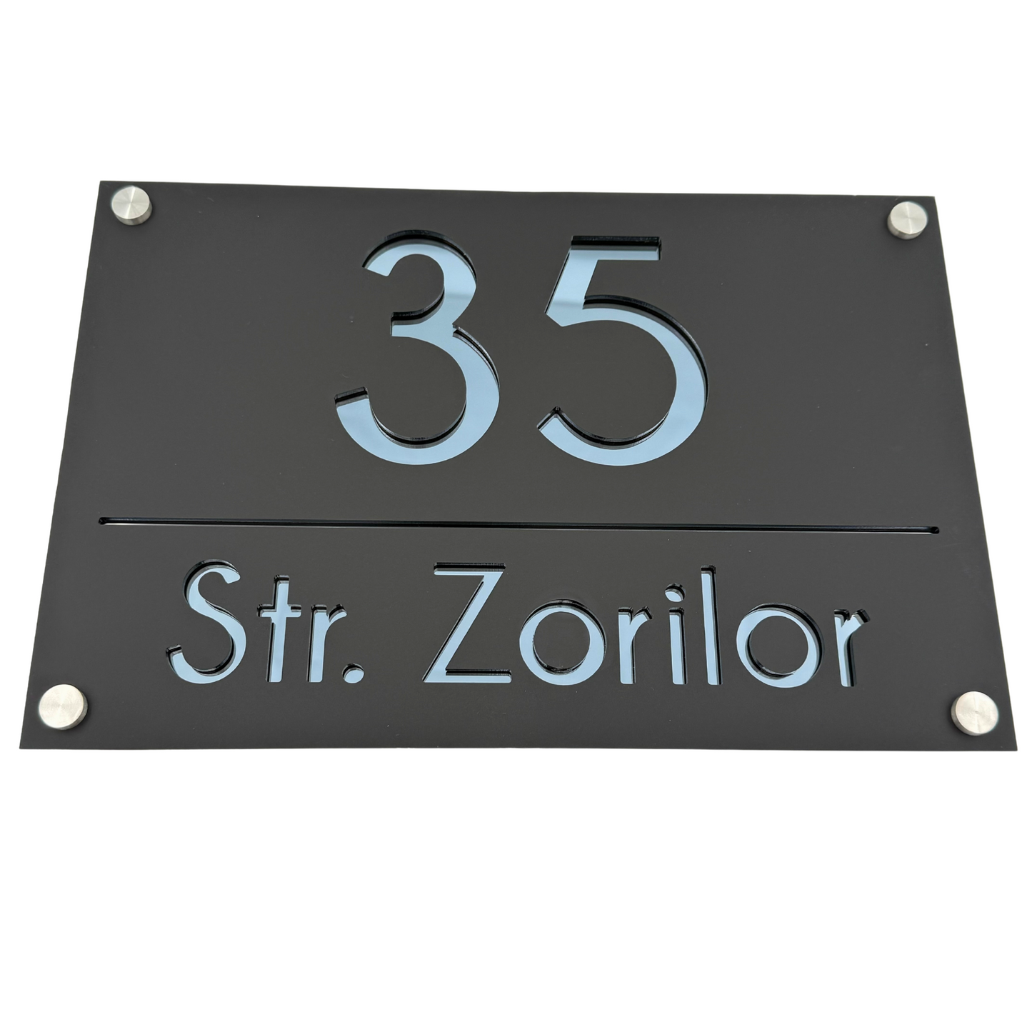 PREMIUM HOUSE NUMBER - Satin Black Anthracite Grey Mirror 4 Spacers Silver - 30×20 cm