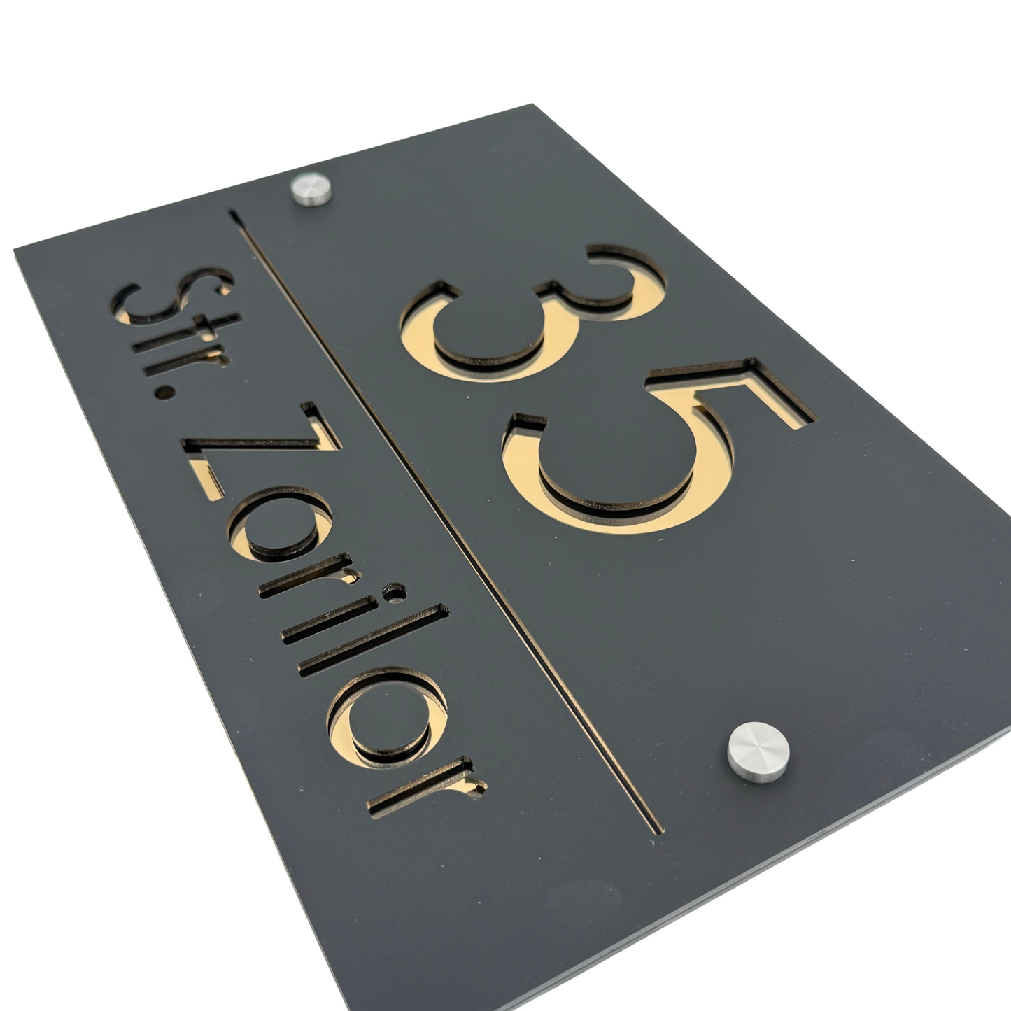 PREMIUM HOUSE NUMBER - Satin Black Gold Mirror 2 Spacers Silver - 30×20 cm