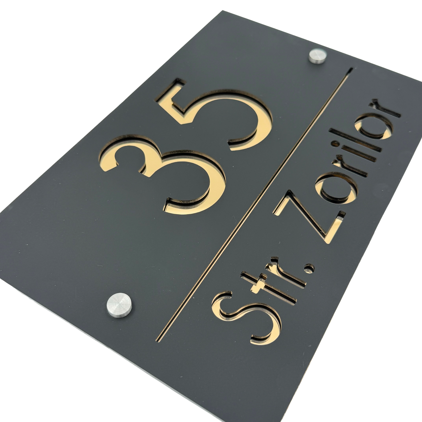PREMIUM HOUSE NUMBER - Satin Black Gold Mirror 2 Spacers Silver - 30×20 cm
