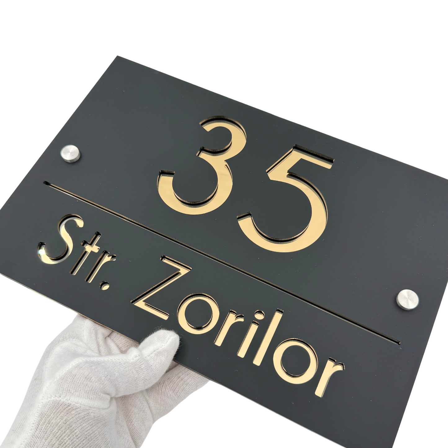 PREMIUM HOUSE NUMBER - Satin Black Gold Mirror 2 Spacers Silver - 30×20 cm
