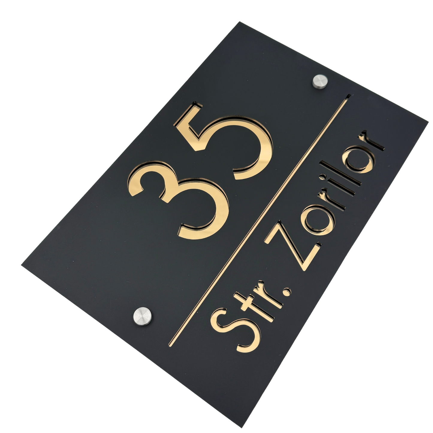 PREMIUM HOUSE NUMBER - Satin Black Gold Mirror 2 Spacers Silver - 30×20 cm