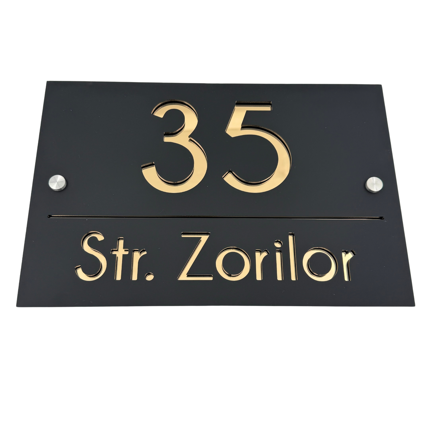 PREMIUM HOUSE NUMBER - Satin Black Gold Mirror 2 Spacers Silver - 30×20 cm