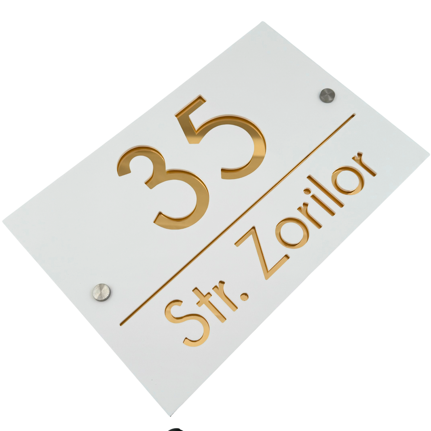 PREMIUM HOUSE NUMBER - White Satin Gold Mirror 2 Spacers Silver - 30×20 cm