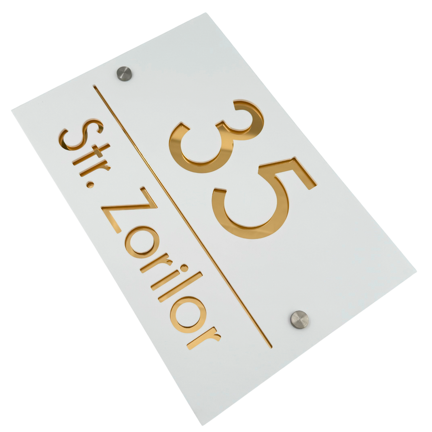 PREMIUM HOUSE NUMBER - White Satin Gold Mirror 2 Spacers Silver - 30×20 cm