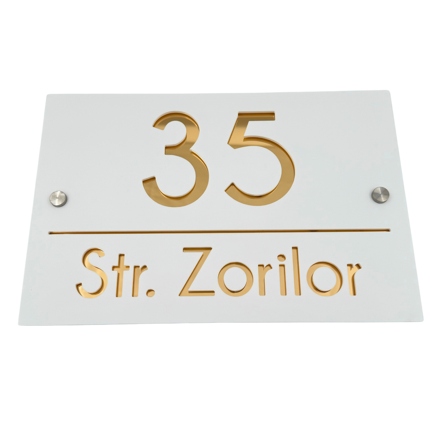 PREMIUM HOUSE NUMBER - White Satin Gold Mirror 2 Spacers Silver - 30×20 cm