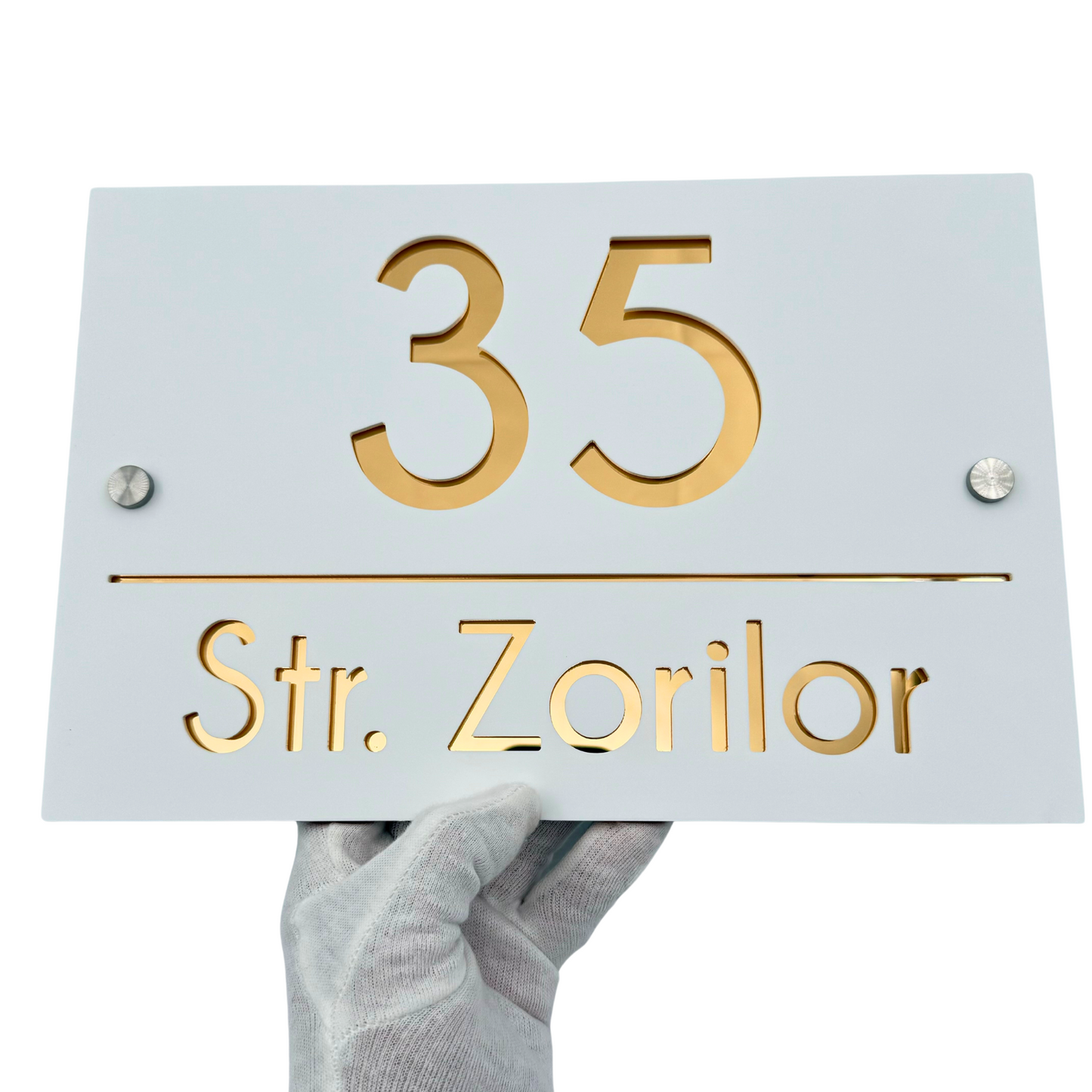 PREMIUM HOUSE NUMBER - White Satin Gold Mirror 2 Spacers Silver - 30×20 cm