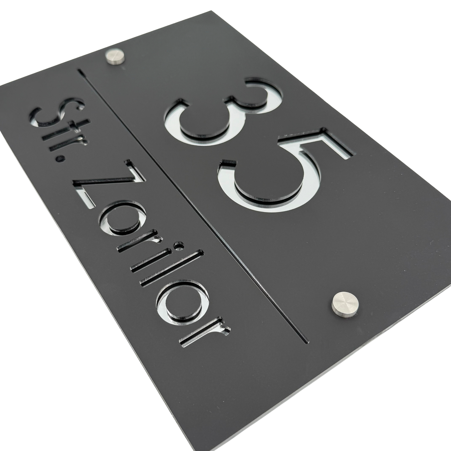 PREMIUM HOUSE NUMBER - Satin Black Silver Mirror 2 Spacers Silver - 30×20 cm