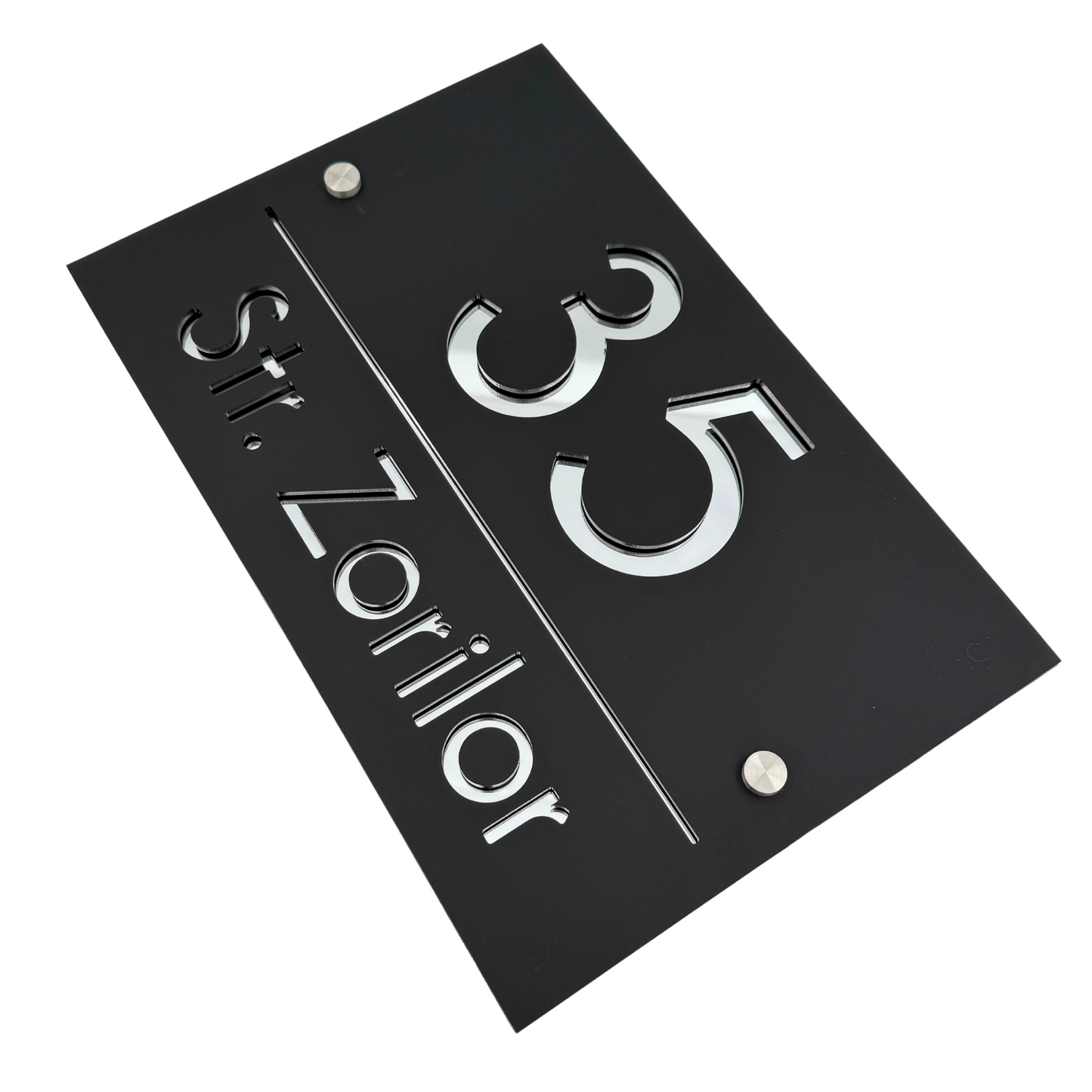 PREMIUM HOUSE NUMBER - Satin Black Silver Mirror 2 Spacers Silver - 30×20 cm