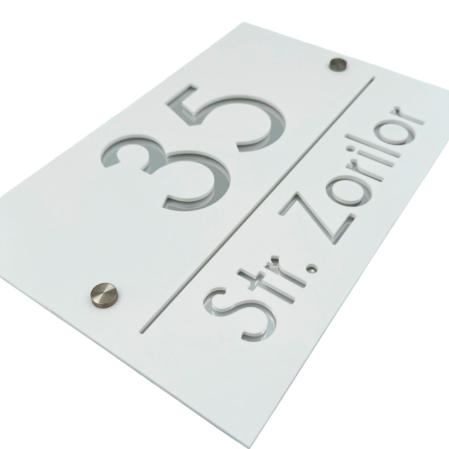 PREMIUM HOUSE NUMBER - White Satin Silver Mirror 2 Spacers Silver - 30×20 cm