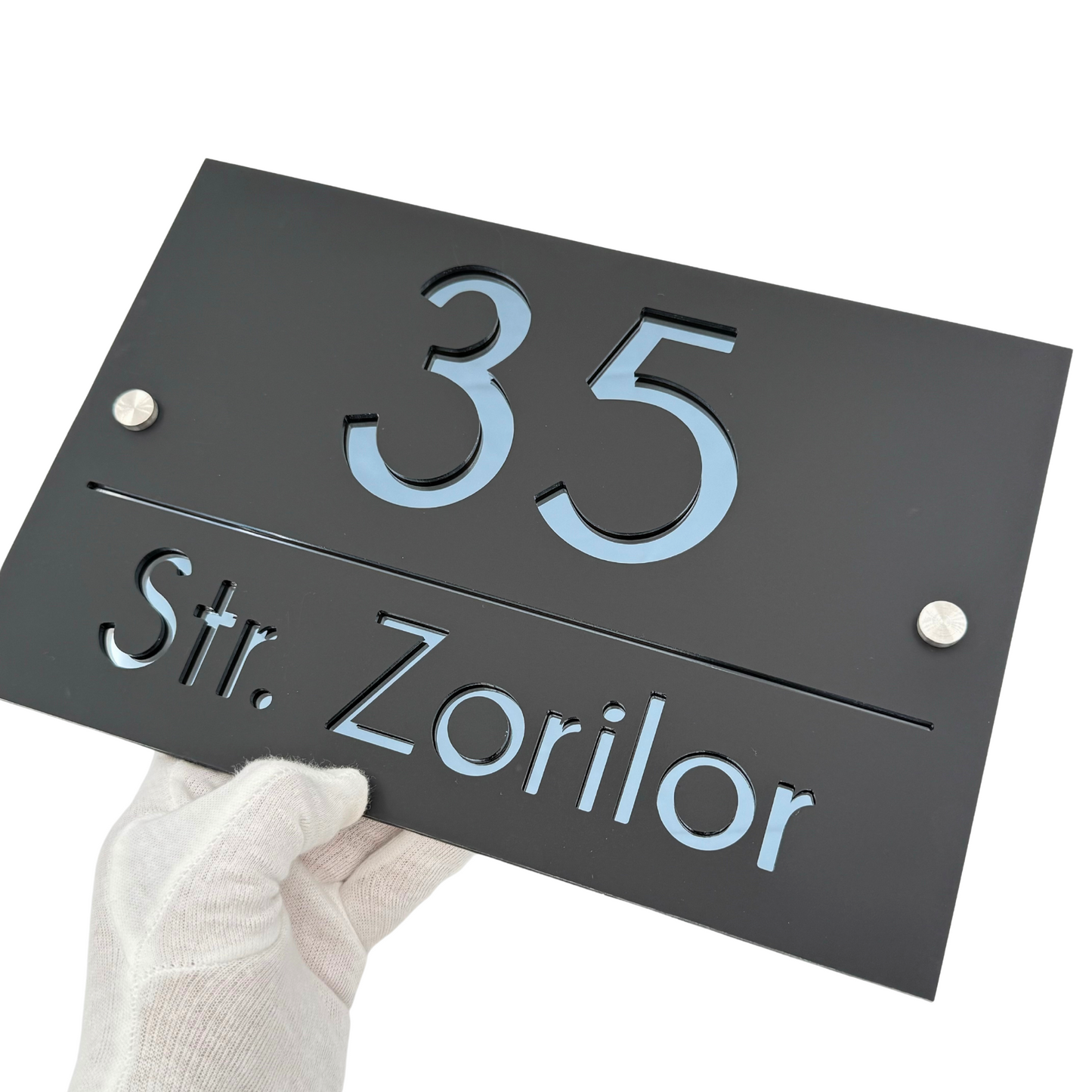 PREMIUM HOUSE NUMBER - Satin Black Anthracite Grey Mirror 2 Spacers Silver - 30×20 cm