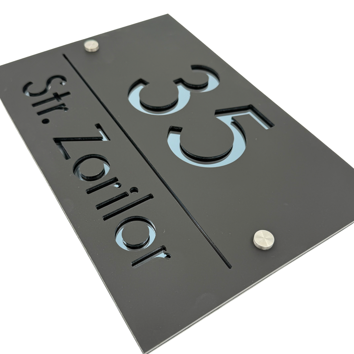 PREMIUM HOUSE NUMBER - Satin Black Anthracite Grey Mirror 2 Spacers Silver - 30×20 cm