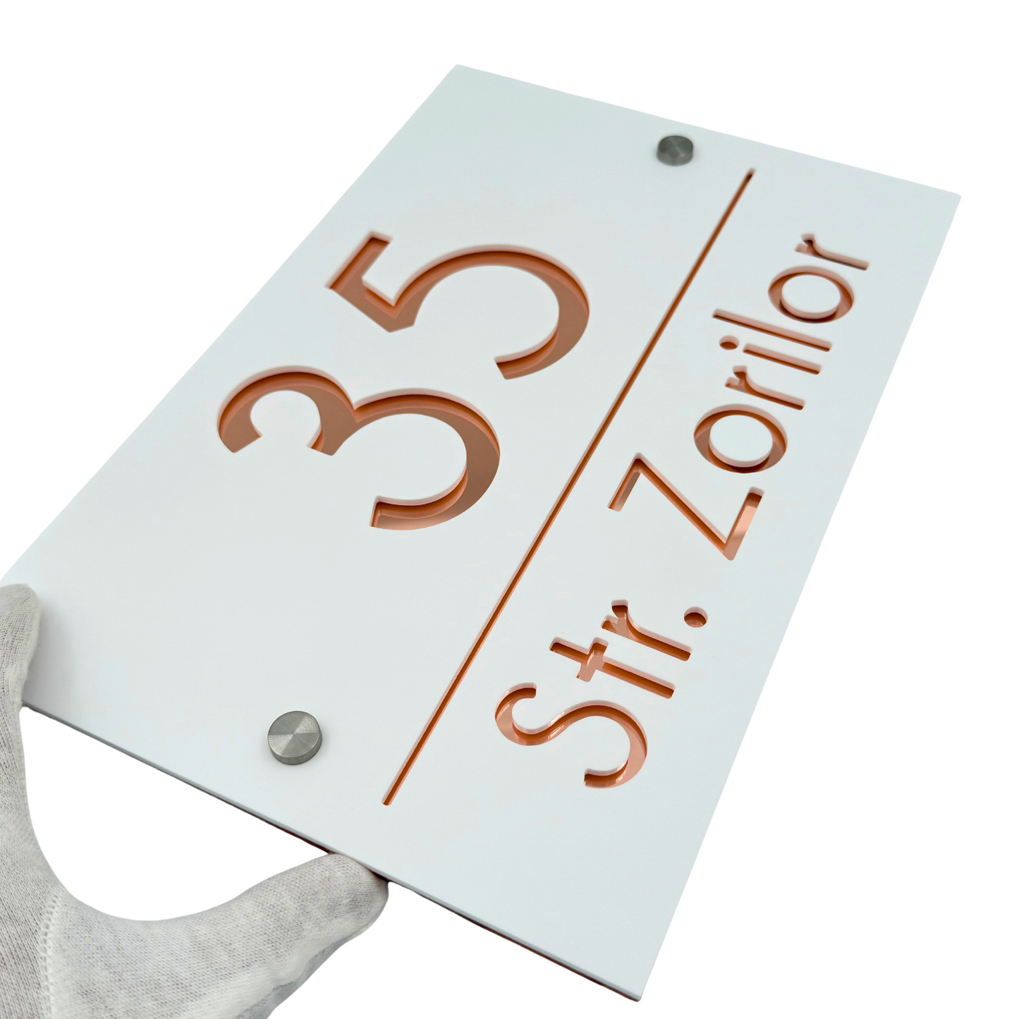 PREMIUM HOUSE NUMBER - White Satin Rose Gold Mirror 2 Spacers Silver - 30×20 cm
