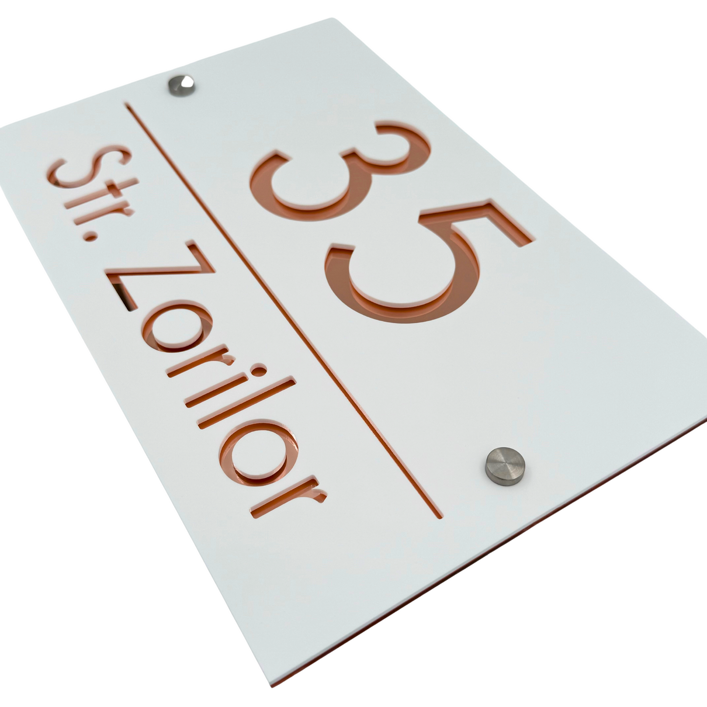 PREMIUM HOUSE NUMBER - White Satin Rose Gold Mirror 2 Spacers Silver - 30×20 cm