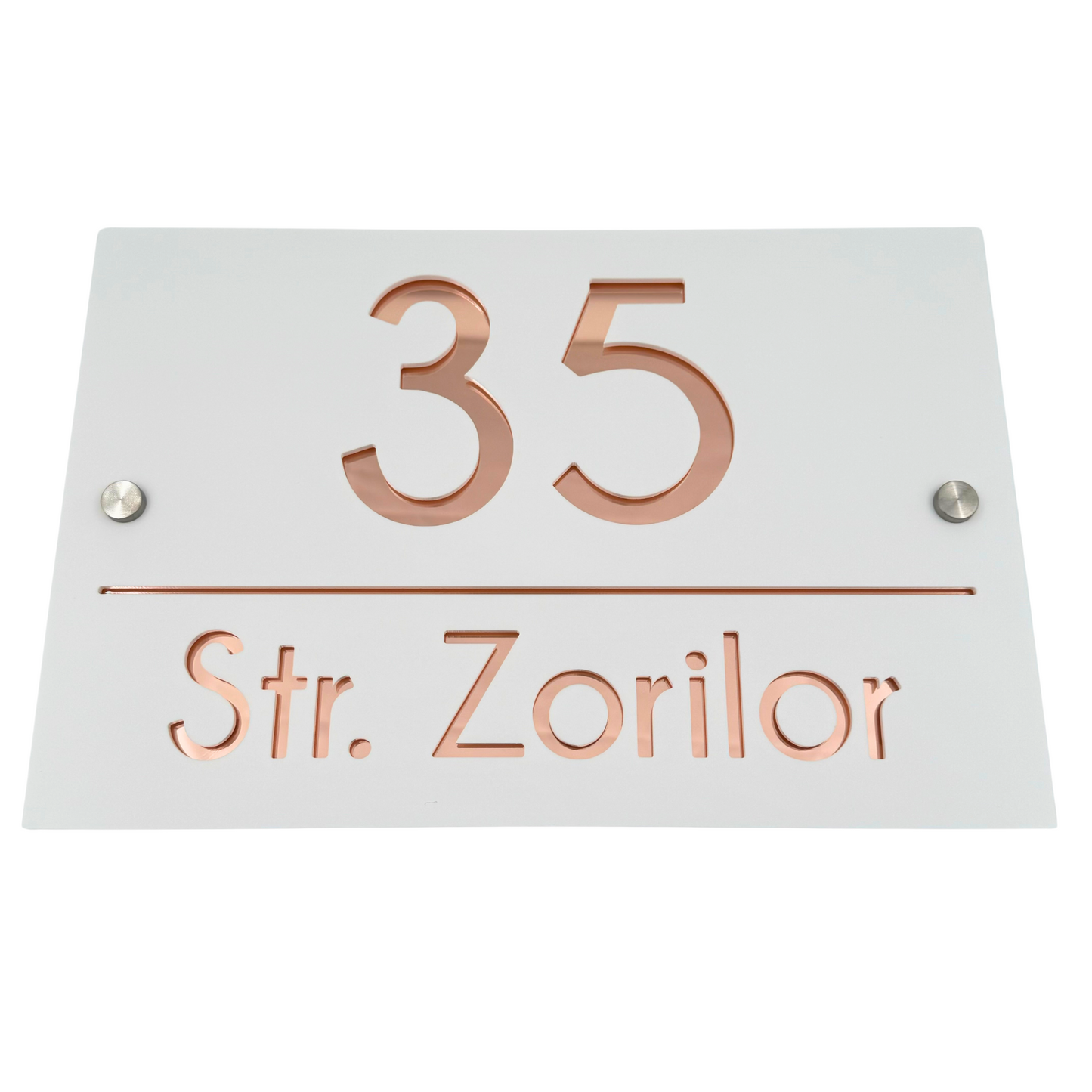 PREMIUM HOUSE NUMBER - White Satin Rose Gold Mirror 2 Spacers Silver - 30×20 cm