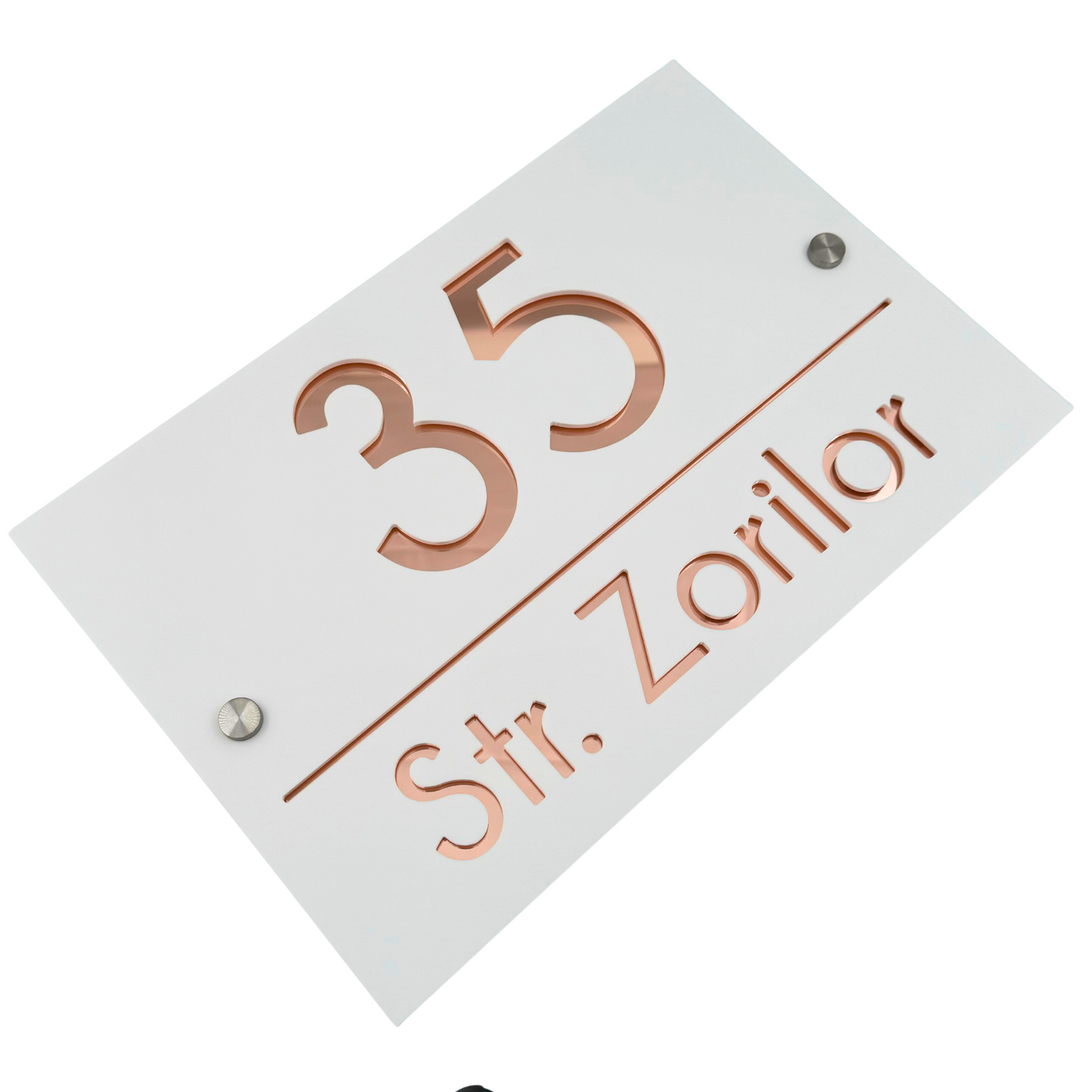 PREMIUM HOUSE NUMBER - White Satin Rose Gold Mirror 2 Spacers Silver - 30×20 cm