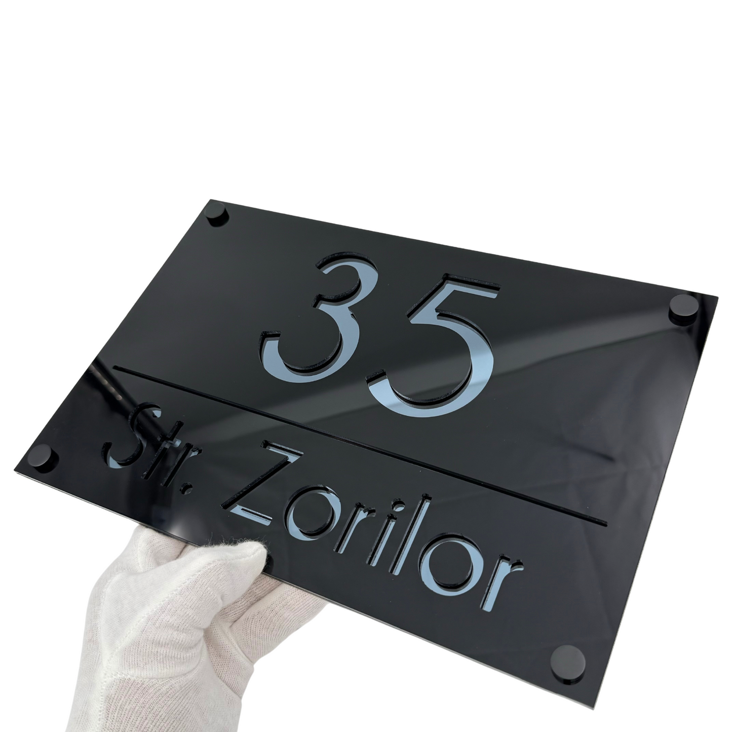 PREMIUM HOUSE NUMBER - Glossy Black Anthracite Grey Mirror 4 Spacers NeGreyi - 30×20 cm