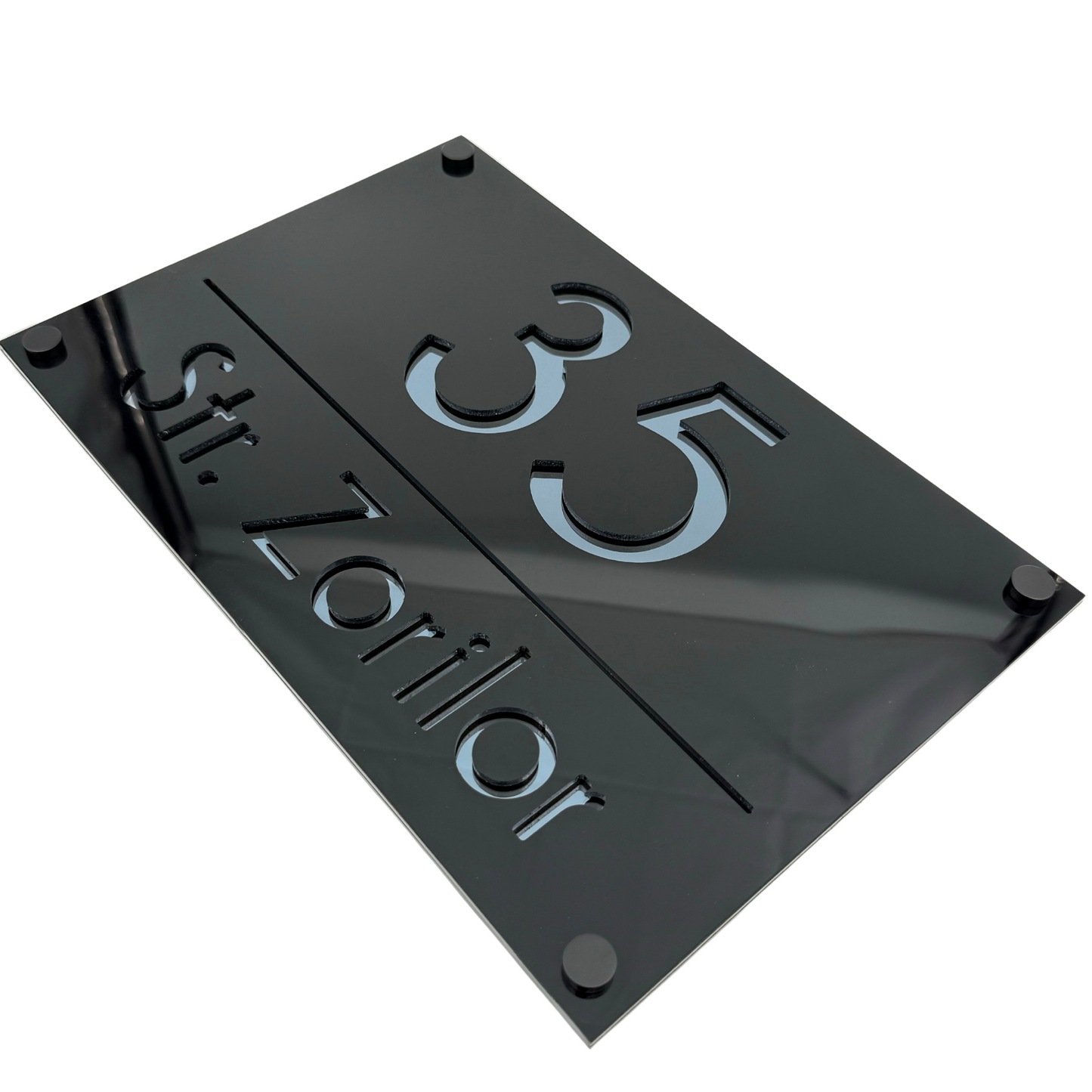PREMIUM HOUSE NUMBER - Glossy Black Anthracite Grey Mirror 4 Spacers NeGreyi - 30×20 cm