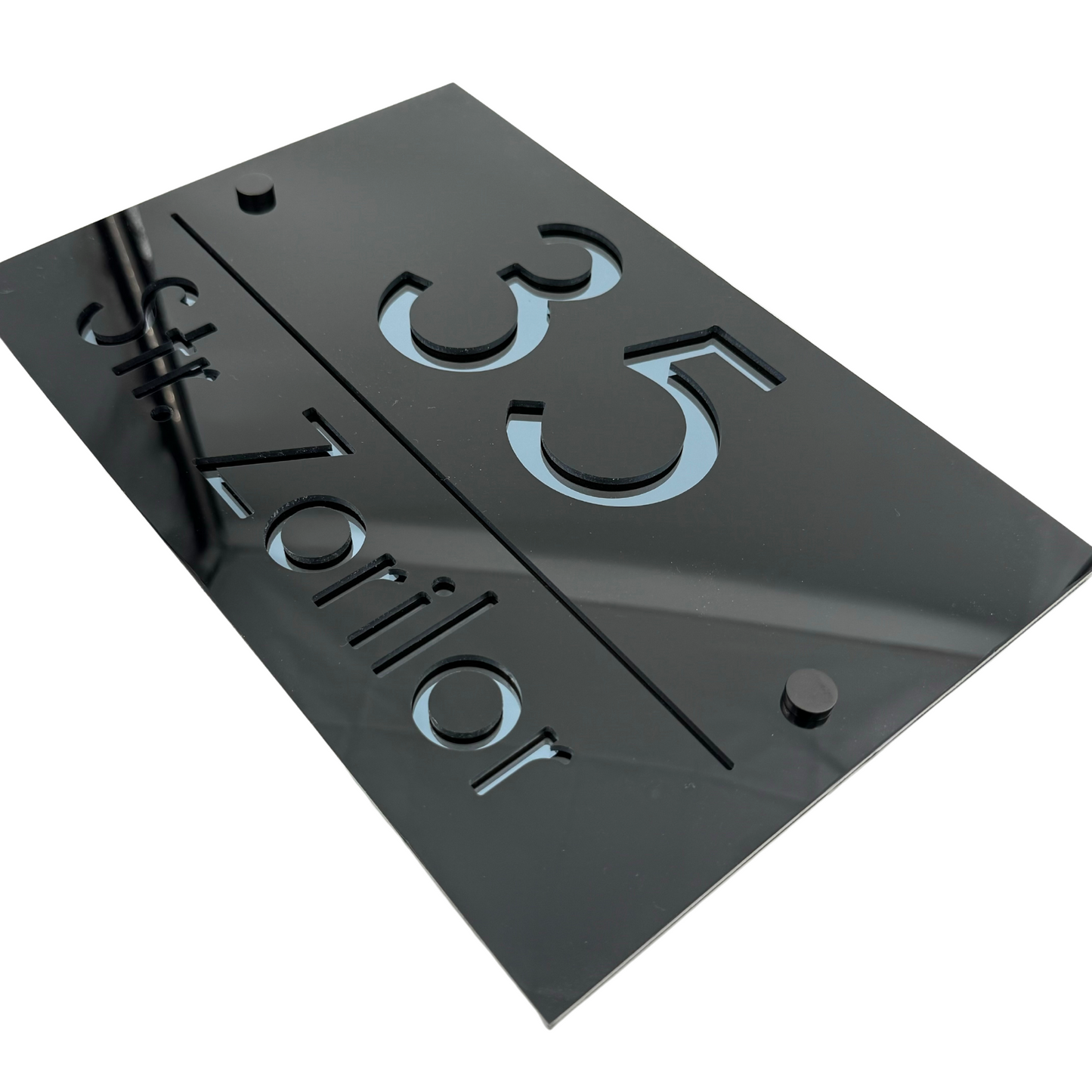 PREMIUM HOUSE NUMBER - Glossy Black Anthracite Grey Mirror 4 Spacers NeGreyi - 30×20 cm
