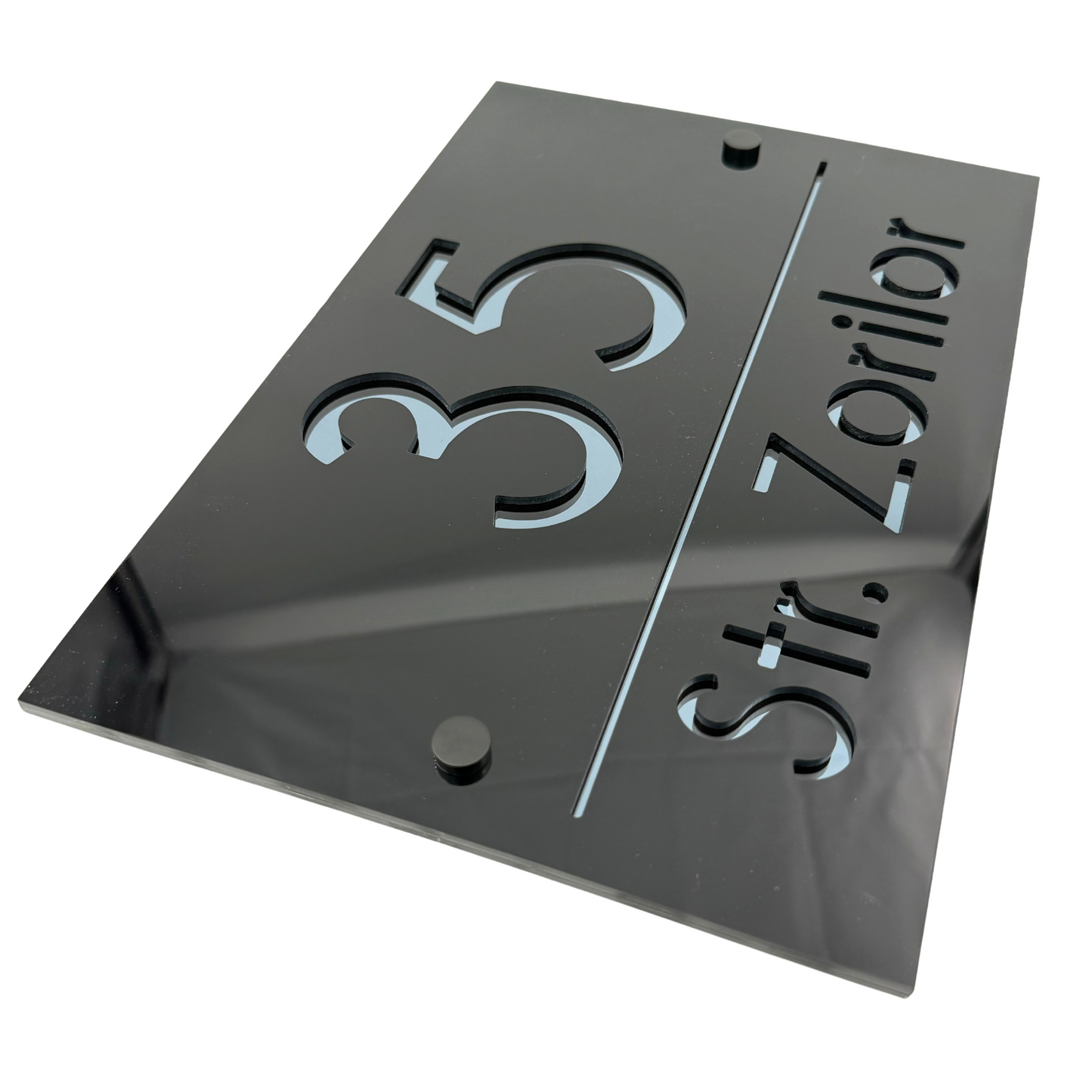 PREMIUM HOUSE NUMBER - Glossy Black Anthracite Grey Mirror 4 Spacers NeGreyi - 30×20 cm
