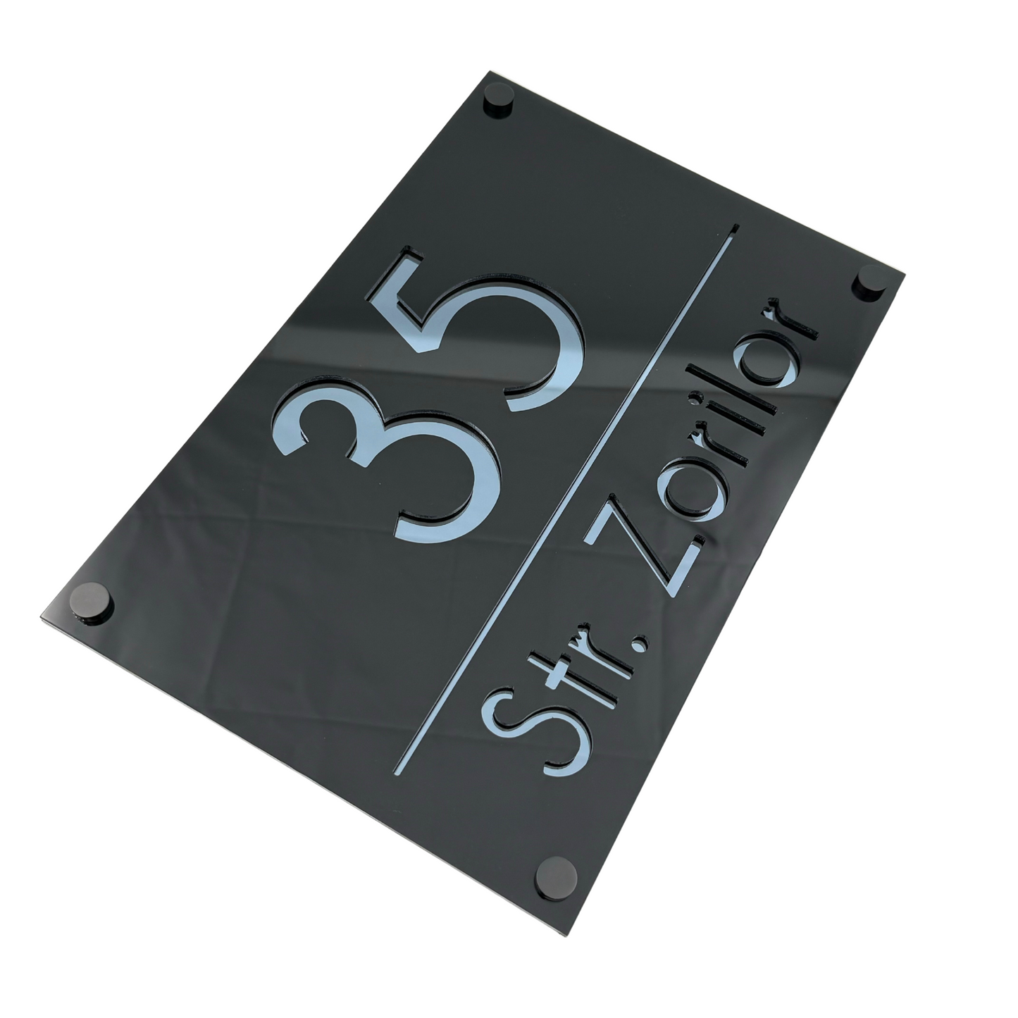 PREMIUM HOUSE NUMBER - Glossy Black Anthracite Grey Mirror 4 Spacers NeGreyi - 30×20 cm