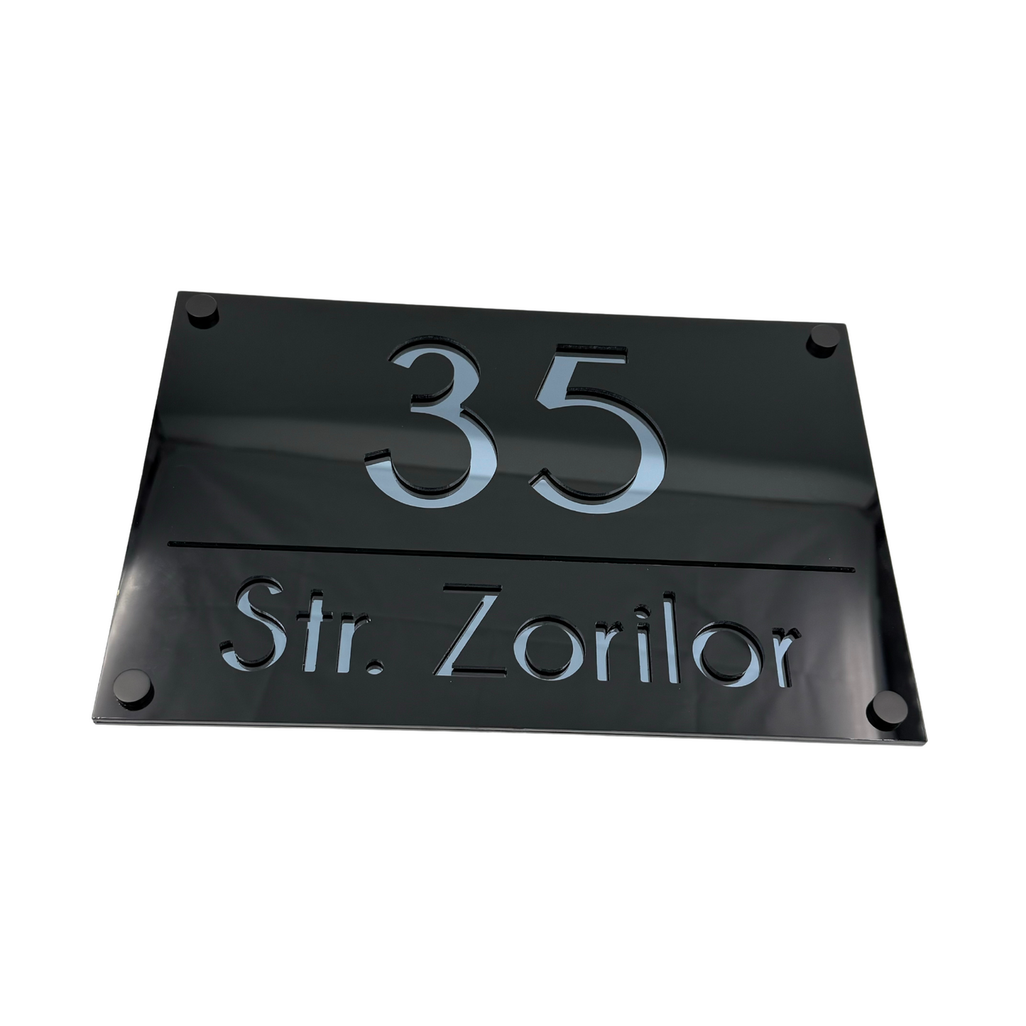 PREMIUM HOUSE NUMBER - Glossy Black Anthracite Grey Mirror 4 Spacers NeGreyi - 30×20 cm